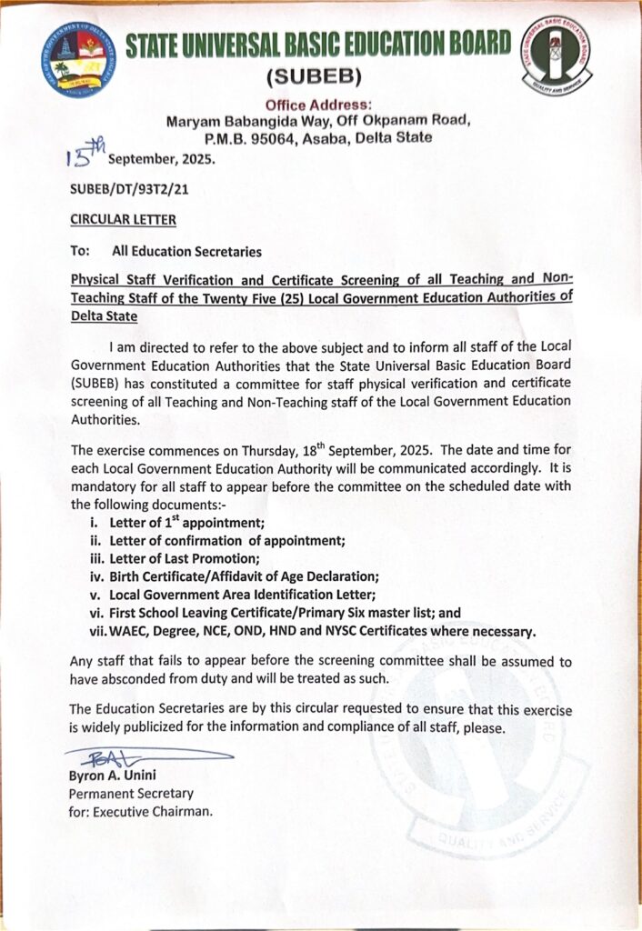 Primary School Teachers To Undergo Verification, Certificate Screening In Delta